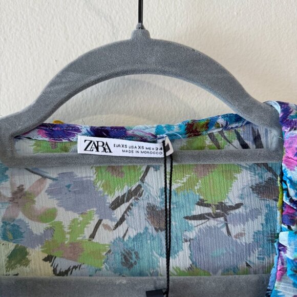 Zara Size XS Floral Print Sheer Faux Wrap Top Long Sleeves Ruffle Trim - Picture 4 of 7